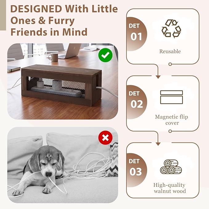 Chunful 13 Inch Cable Management Box, Wood Cord Hider Organizer with Magnetic Lid & Organizer for Power Strip, TV Wires & Desk Cable Storage, Ventilation Hide Floor Cables
