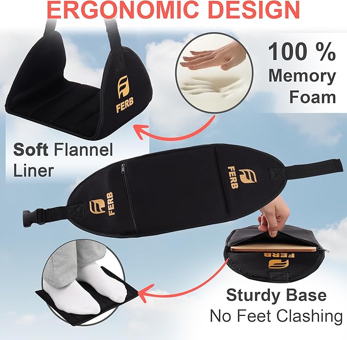FERB 10 Pack Airplane Portable Footrest - Travel Foot Hammock with Memory Foam for Comfort | Adjustable Office Footrests for Airplane, Train, Bus | Lightweight Travel Accessory