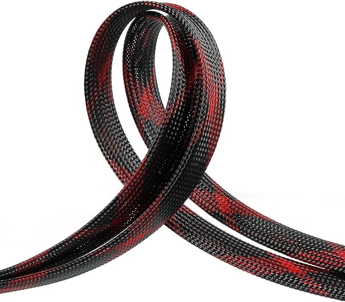 Braided Cable Sleeve, 33ft Expandable Wire Loom for Automotive Wiring Harness & PC Case, Pet-Proof Chew Resistant Cord Protector, Flexible Cable Management (Black-Red, 10mm (3/8"))