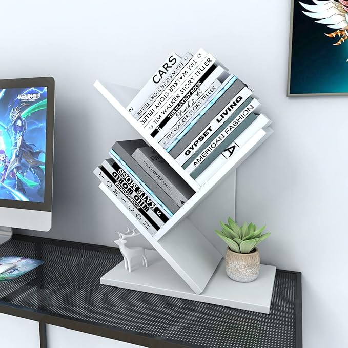 Godferyxin Tree Bookshelf, 3-Tier Small Bookcase for Desk – Wood Small Bookshelf with Storage Shelves, Mini Bookcase for Bedroom, Office, White Bookshelf, CDs, Magazines Desktop Book Tree
