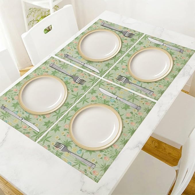 William Morris Floral Placemats Vintage Flower Art Style Boho Chic Retro Floral Linen Washable Table Mats Stain Heat-Resistant Desktop Decor Place Mats for Home Kitchen Dining Party 12x18 in 6 Pcs