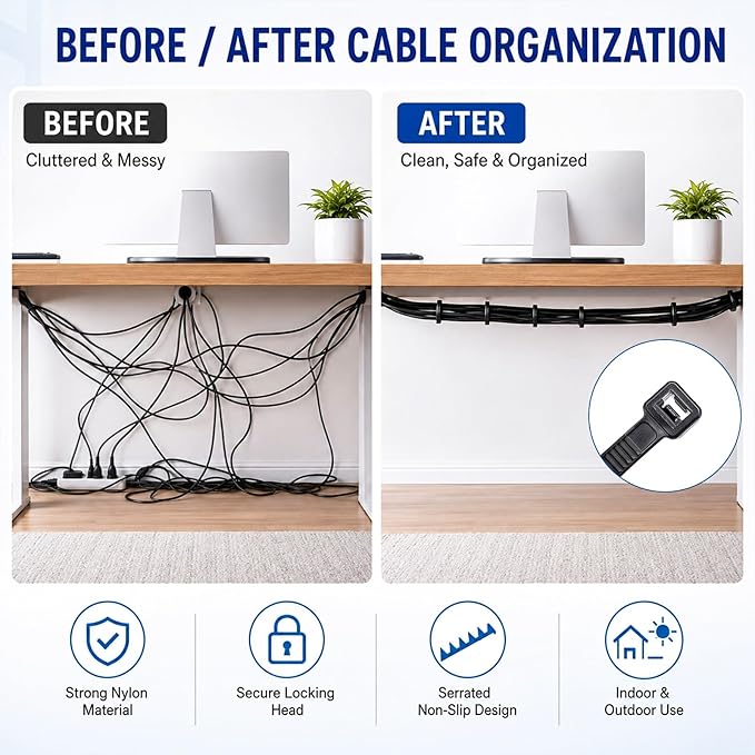 Zip Ties 12 inch, 1000 Pack Heavy Duty Black Zip Ties with 120 lbs Tensile Strength, Self-Locking Nylon Cable Ties,Wire Ties for indoor and outdoor use.