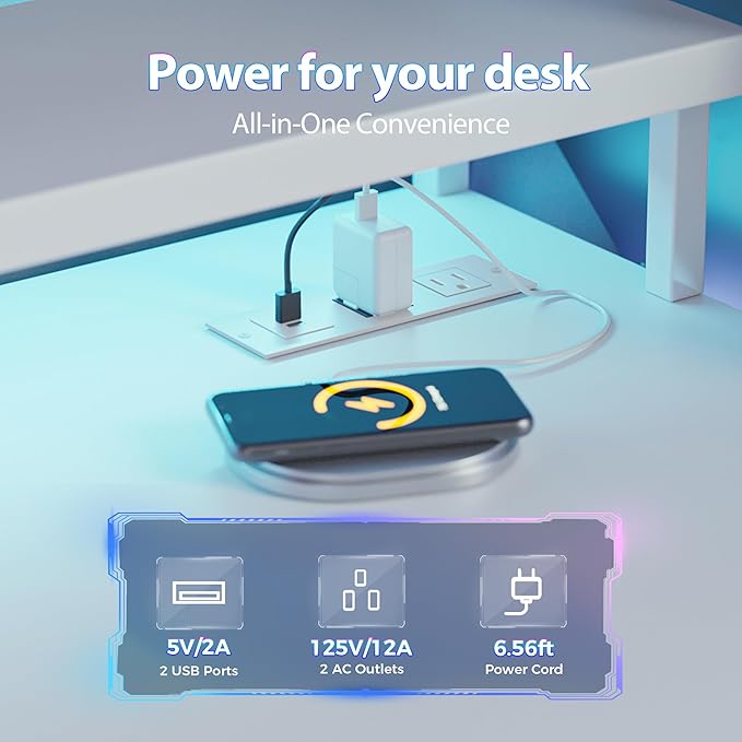 Mericonia 52 inch Gaming Desk with LED Lights & Power Outlets, Reversible Computer Desk with Storage Drawers & Monitor Stand, Large Gaming Table for Home Office