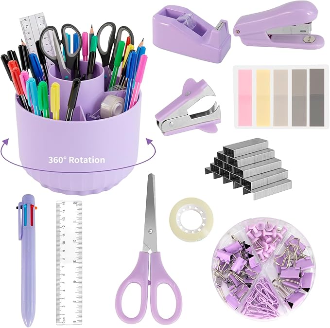 Purple Desk Accessories, 11Pcs Desk Organizer with 360°Rotating Pen Holder, Stapler, Staples, Staple Remover, Pen, Ruler, Tape Dispenser, Tape, Clips, Scissor, Notes, Office Supplies