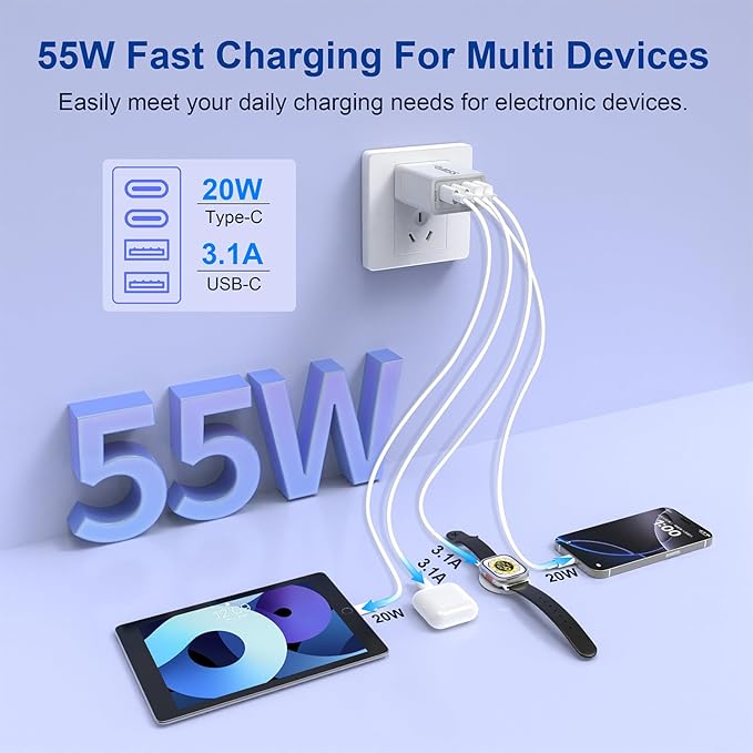 USB C Charger Block, 2 Pack 55W 4-Port Multiport Fast Wall Charger with PD (2x20W)+QC (2x3.1A) Power Adapter, Fast Charging Cable, Type C Charging Hub for iPhone 17/16/15/14/13/12/Pro/Max/XS
