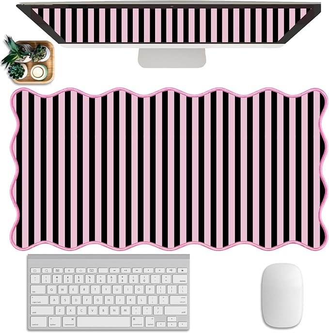 Scalloped Desk Mat Extended Large Cute Striped Mouse Pad Big Desk Pad XXL Aesthetic Stripe Mousepad Gaming Mouse Pad for Keyboard Computer Laptop Home Office Accessories 31.5X15.7Inches Black Pink