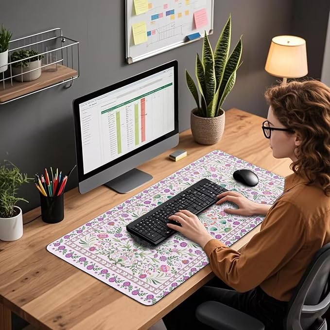 Purple Floral Desk Mat, 31.5"x15.7" Large Mouse Pad, Anti-Slip Rubber Base Keyboard Pad with Stitched Edges, Water-Resistant Smooth Desk Blotter, Computer Mat for Home Office Desk