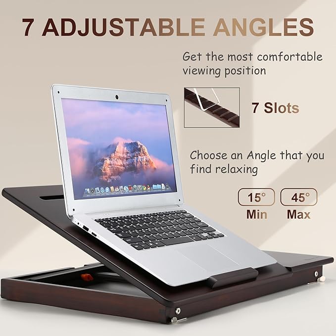 Nnewvante Laptop Desk, Height & Angle Adjustable Lap Desk Bed Tray Table, Foldable Laptop Table with Drawer, Mouse Pad, Tablet & Phone Slots for Working Reading Writing Eating, Black Walnut