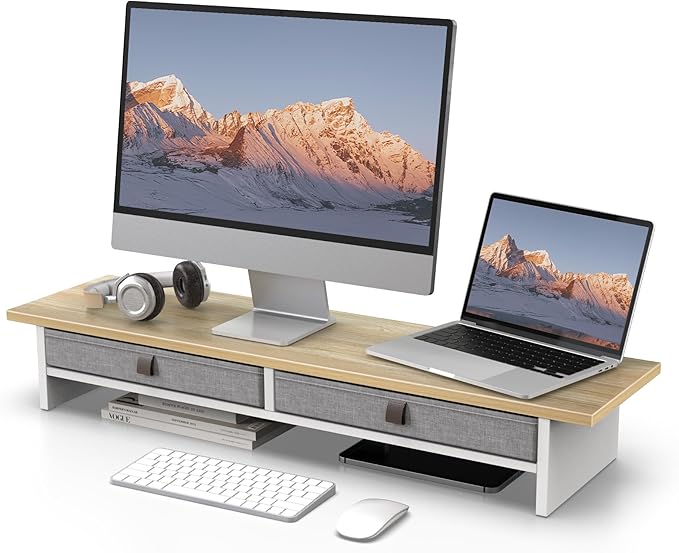 Fenge Monitor Stand with Drawer, 2 Tiers Dual Monitor Riser for Desk, 35 Inch Computer Stand for 2 Monitors, Desk Shelf for Home, Office, Laptop, PC, TV, Printer
