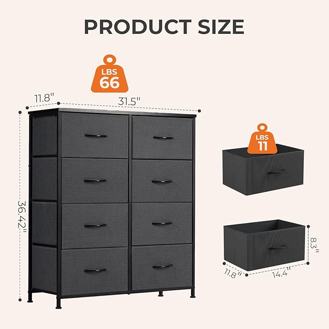 Sweetcrispy Dresser, Dresser for Bedroom Drawer Organizer Storage Drawers, Fabric Storage Tower with 8 Drawers, Chest of Drawers with Steel Frame, Wood Top for Living Room, Closet,Black