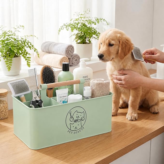 Premium Dog Cat Grooming Supplies Organizer with Wooden Handle,4-Compartment Metal Caddy for Pet Stuff -Powder Coated Dog Storage Bin for Hair remover Brush Nail Clipper Scissors-Green