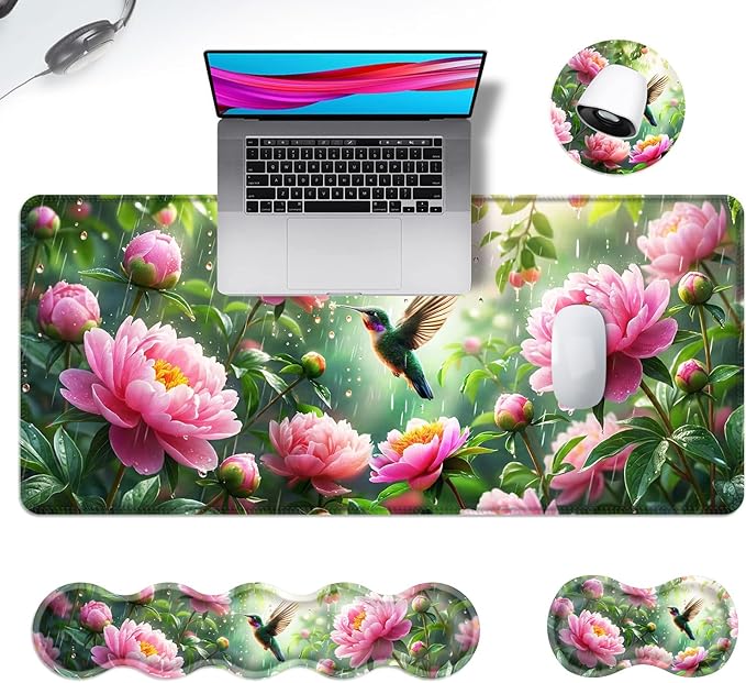 Ergonomic Mouse Pad Set with Wrist Support for Keyboard and Wrist Rest for Mouse, Memory Foam Comfort, Non-Slip Large Desk Mat for Home Office Pain Relief,Bird Pink Flower