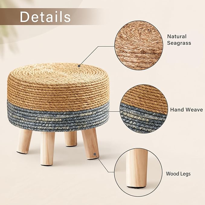 Wimarsbon Round Foot Stool Natural Seagrass Poufs Ottoman Hand Weave Footrest Stool for Couch Desk Extra Seat Step Stool with Solid Wood Legs for Hallway Patio Lounge Blue