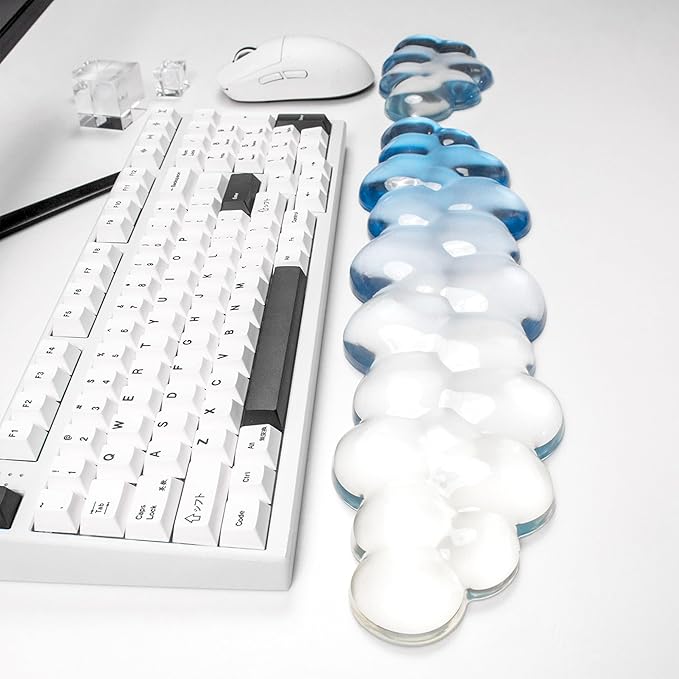 Ergonomic Gel Cloud Keyboard and Mouse Wrist Rest Set – Clear Wrist Rest for Computer Keyboard 60%/68%/75%, Comfort & Support for Typing and Gaming (White Blue)