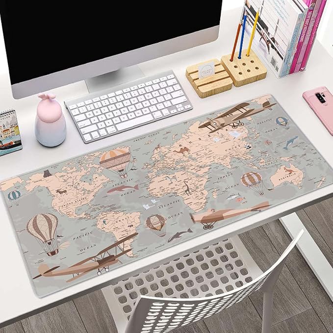 Mouse Pad Gaming, Large Mouse Pads, Non-Slip Rubber Base Mousepad, Keyboard Mouse Mat Desk Pad with Stitched Edges, 31.5x11.8 inch Retro World Map with Balloons and Animals