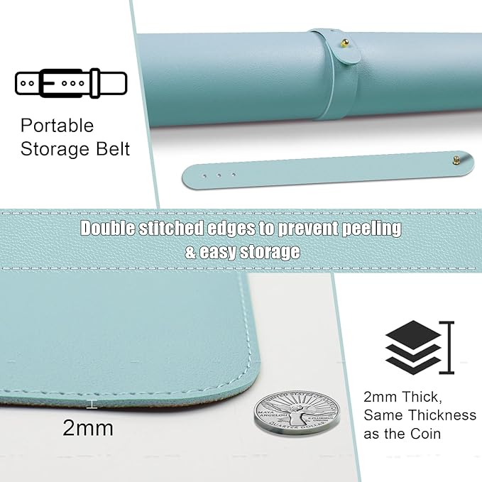 Large Desk Pad 35.4" x 17", Non-Slip Desk Mat with PU Leather & Natural Cork, Waterproof Writing Desk Natural Cork, Computer Mat Desk Protector for Office Home, Light Blue