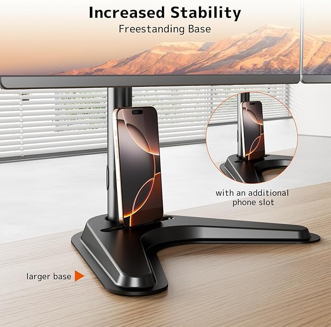 Triple Monitor Stand, Full Motion Adjustable Arm Fits 3 Screens up to 27 inch, Free Standing Desk Stand with Base and Cable Management, 22 lbs Weight Capacity per Arm, 75/100 mm VESA, Black