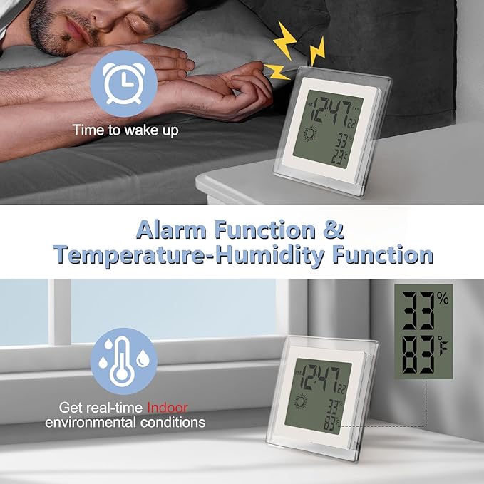 Small Clock Digital Battery Operated Alarm Clock with Auto Backlight, Indoor Temperature Humidity, 12/24H, Date, Travel Alarm Clock Desk Clock Small Clock for Shelf (Battery Included)