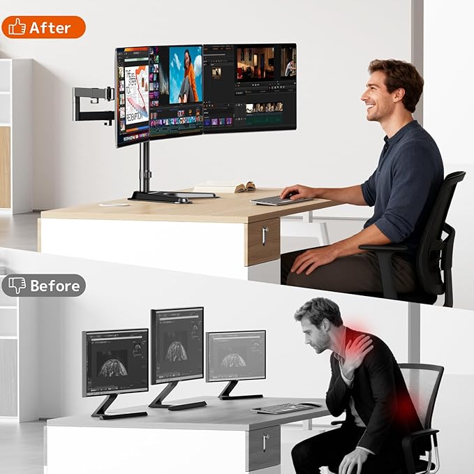 Triple Monitor Stand, Full Motion Adjustable Arm Fits 3 Screens up to 27 inch, Free Standing Desk Stand with Base and Cable Management, 22 lbs Weight Capacity per Arm, 75/100 mm VESA, Black