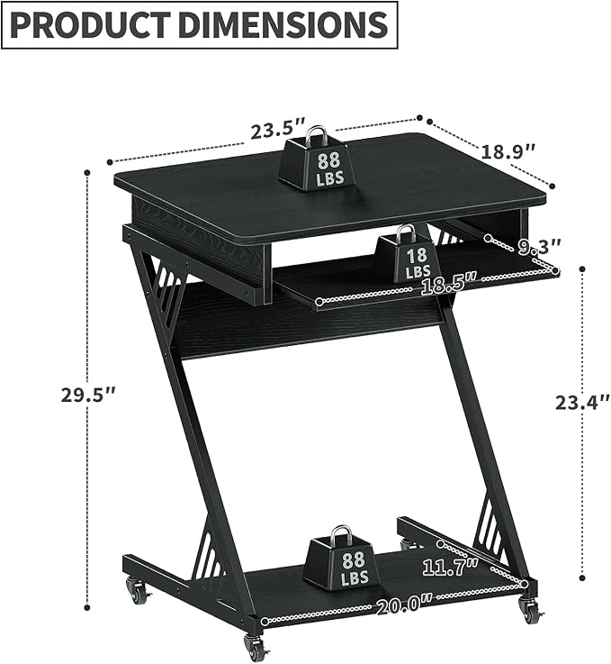 ALISENED Computer Desk for Small Spaces,23.6" Z-Shaped Compact Study Table with Smooth Keyboard Tray,with Wheels and Bottom Shelves for Home Office，Computer Cart Mobile Laptop Cart