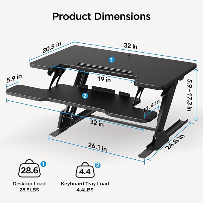 HUANUO 32" Z Shaped Stable Standing Desk Converter, Height Adjustable Sit Stand Up Desk Riser, Dual Monitor and Laptop Workstation with Wide Keyboard Tray, Desk Lifter for Home Office,Black