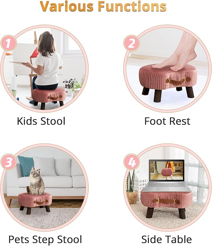LUE BONA Small Curved Foot Stool with Handle, Pink Velvet Footstool and Ottomans, Modern Foot Rest with Wooden Legs, Step Stool with Padded Seat for Couch, Living Room