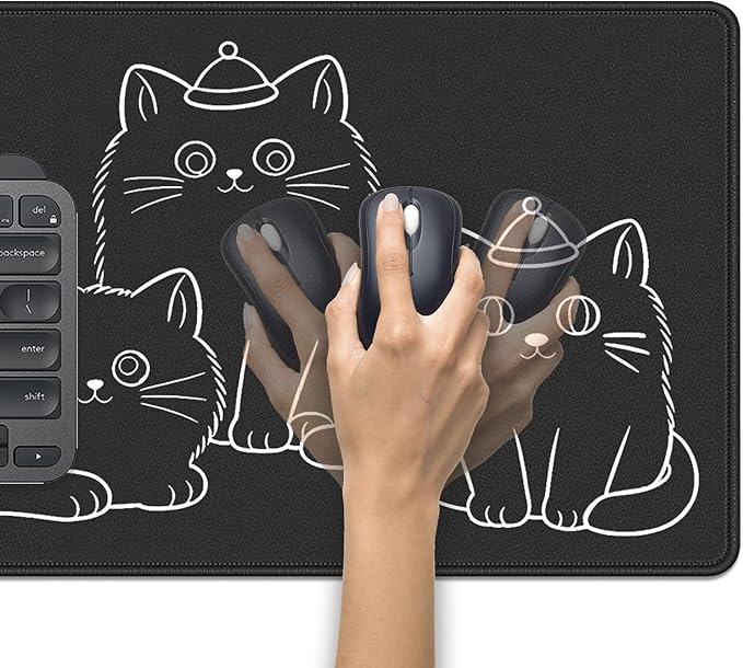 Cute Black Cat Large Mouse Pad Desk Mat, 27.5x11.8in Minimalist Line Art Kitten Extended Keyboard Mousepad with Stitched Edges,Desk Pad Non-Slip Waterproof Rubber Base for Office, Computer & Laptop