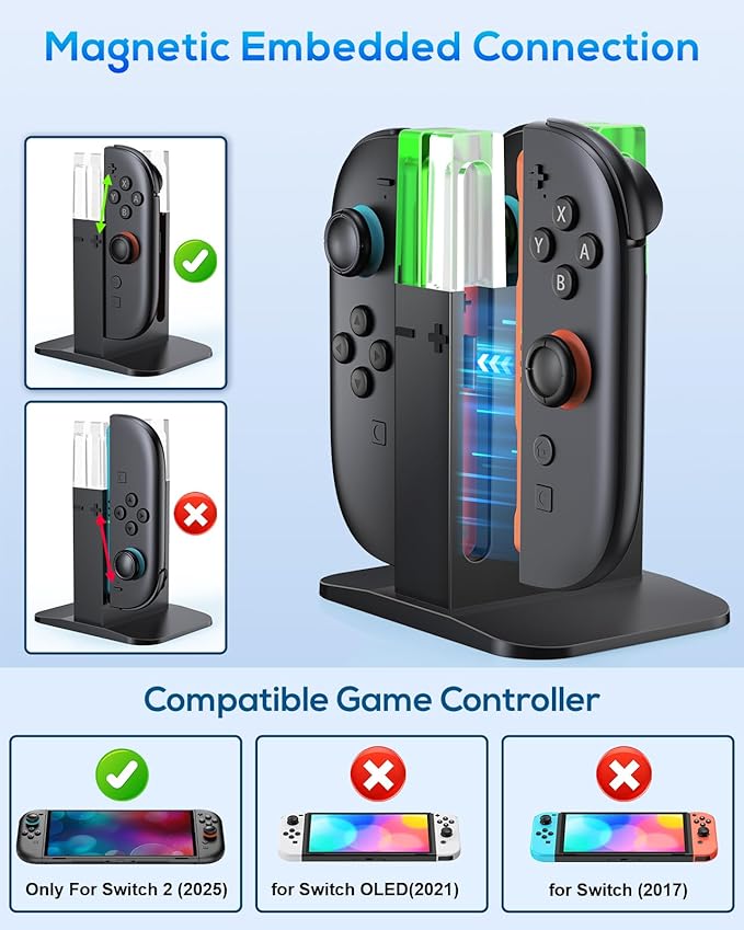 Charging Dock for Joycon 2 Controller, Charger Dock Station for Nintendo Switch 2 Accessories Kits with a USB Type-C Charging Cord (Black, 7.9 inch Switch 2)