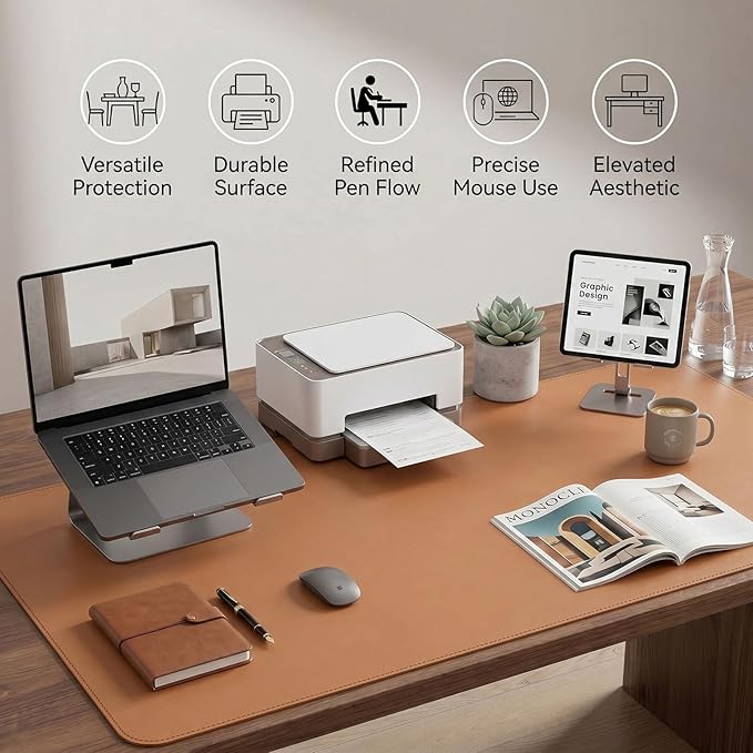 Large Desk Pad Non-Slip Desk Mat Protector for Keyboard Mouse Waterproof Vegan Leather Surface Faux Leather Laptop Mat Smooth Mouse Pad Premium Gift Tube Caramel Brown 31.5" x 15.7"
