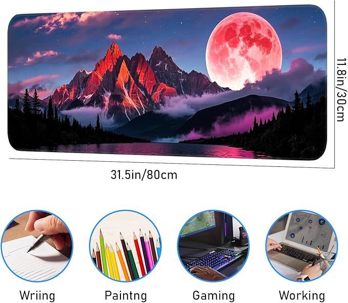 Mouse Pad, Gaming Mouse Pad, Large Laptop Pad, Waterproof and Non-Slip, Gaming Office Sewn Desk Pad, 31.5x11.8 Inch Extended, Moon Mountain