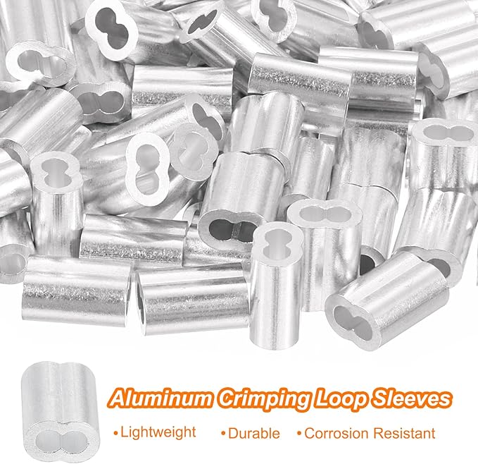 uxcell 100Pcs Aluminum Crimping Loop Sleeve for 1/8" Diameter Wire Rope, Double Ferrule Aluminum Wire Rope Sleeve for Cable Line End