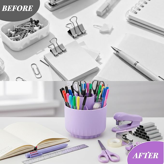 Purple Desk Accessories, 11Pcs Desk Organizer with 360°Rotating Pen Holder, Stapler, Staples, Staple Remover, Pen, Ruler, Tape Dispenser, Tape, Clips, Scissor, Notes, Office Supplies