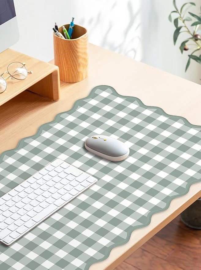 Scalloped‌ Sage Green Checkered Desk Mat Cute Pastel Large Gaming Mouse Pad Gingham Kawaii Cottagecore ‌Vintage‌ Girly Keyboard Computer Mat Aesthetic Desk Pad Accessories Office Decor for Women