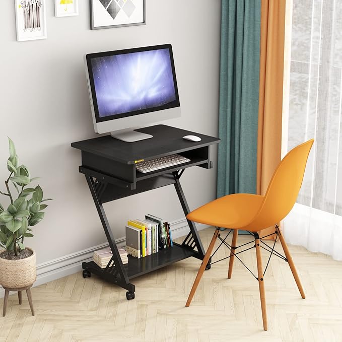 ALISENED 2 Tier Computer Desk with Keyboard Tray, 23.6" Home Office Desk Computer Workstation Rolling Study PC Laptop Table for Small Spaces,Z-Shaped Small Compact Study Table