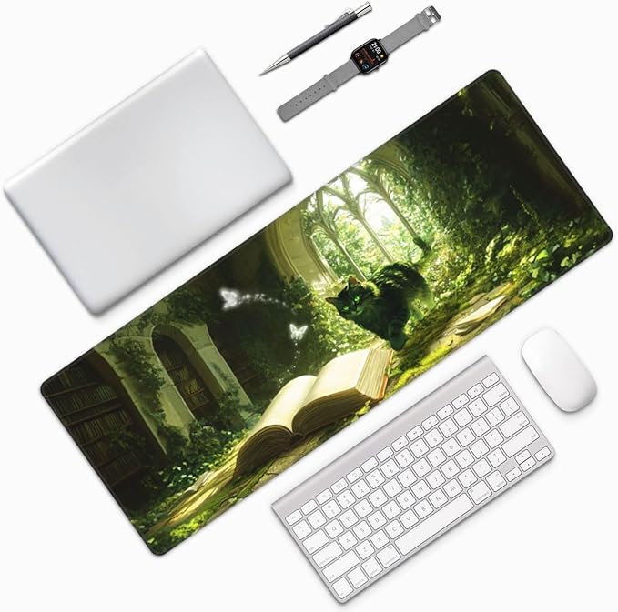 Cat Book Mouse Pad 31.5 X 11.8 Inch Big Desk Rubber Base Stitched Edges Keyboard Pad XXL Mouse Mat for Home Game and Office