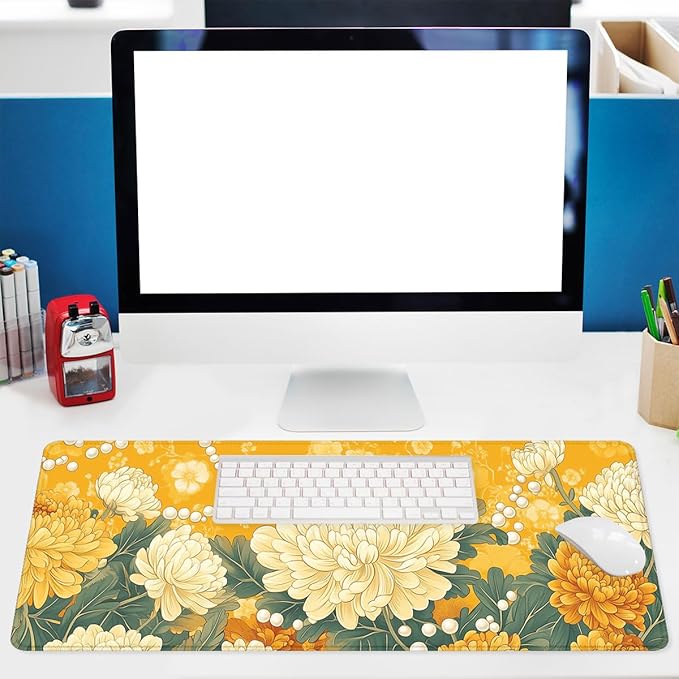 Flower Gaming Mouse Pad Autumn Chrysanthemum Yellow Vintage Floral Mousepad XL Large Gaming Mouse Pad Laptop Keyboard Mat Desk Pad 31.5"x11.8"