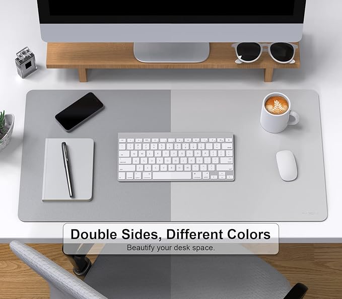 MoKo Desk Mat, Dual-Sided Office Desk Pad Waterproof, Large Protector Mouse Pad for Keyboard and Mouse, Leather Desk Writing Pad Large for Office/Home/Decor, 31.5''x15.7', Light Gray+Silver