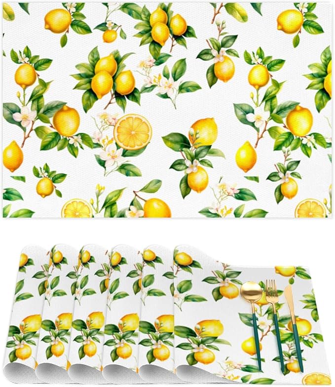 Placemats Set of 4 Heat-Resistant Rectangle Place Mats Tropical Lemon Washable Plastic PVC Dining Table Mat Non-Slip Wipeable Woven Vinyl Placemat for Kitchen Patio Table Decor