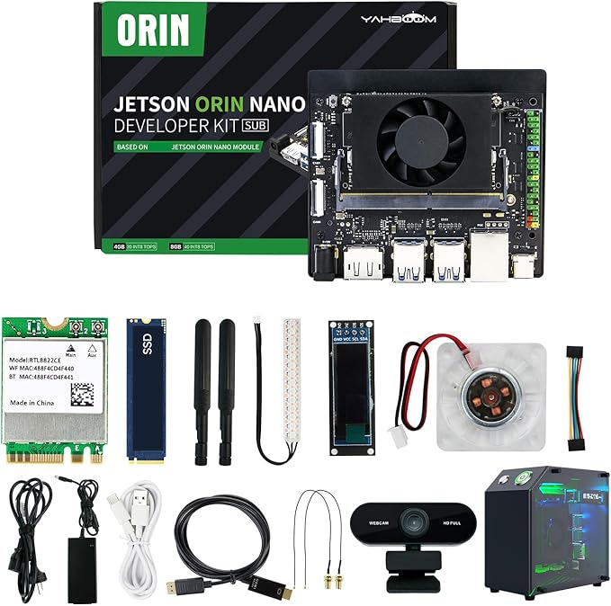 Yahboom Jetson Orin Nano 4GB Super 34TOP, with Jetson Case, RGB Cooling, USB Microphone Camera, Electronic Kit Intelligence ROS2(Orin Nano 4GB SUB Mini PC Kit)