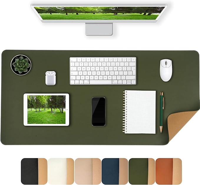 Dual-Sided Desk Pad,Green 35.4" x 17" Large Natural Cork & PU Leather Desk Mat,Non-Slip Waterproof Desk Blotter Pad for Office & Home