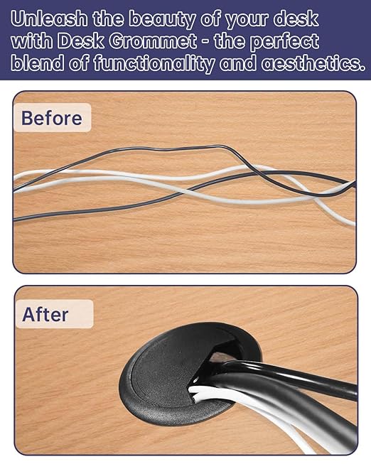 Desk Grommet & Cable Grommet 2-3/8 Inch (10 Pack) - Black Cord Hole Cover with Hole Saw - Cable Management Kit for Office Desk, TV Stand, Workstation - Hide Wires Behind Wall, Cable Pass Through