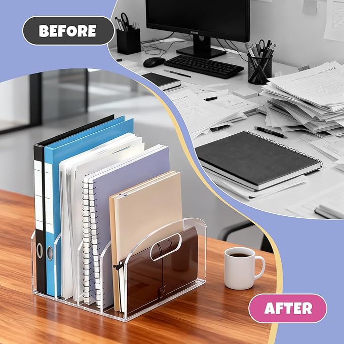 Jumyee 4 Vertical Compartments Acrylic Magazine File Holder with Handles, Clear Desk File Organizer Sorter, Desktop File Storage Binder Holder for Desk, Home, Office, School, Classroom