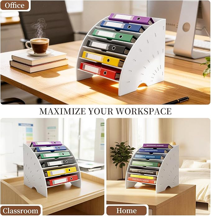 File Folder Desk Organizer, 6-Tier Binder Holder for Office Supplies Storage, WPC Magazine Book Rack for Workspace, Home, Classroom, White Decorative File Box