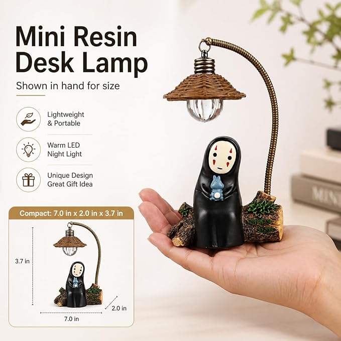 OVANUS No Face Lamp, No Face Night Light, Mini Resin Anime Desk Lamp, Battery Operated Cute Room Decor Gift for Bedroom Shelf Office