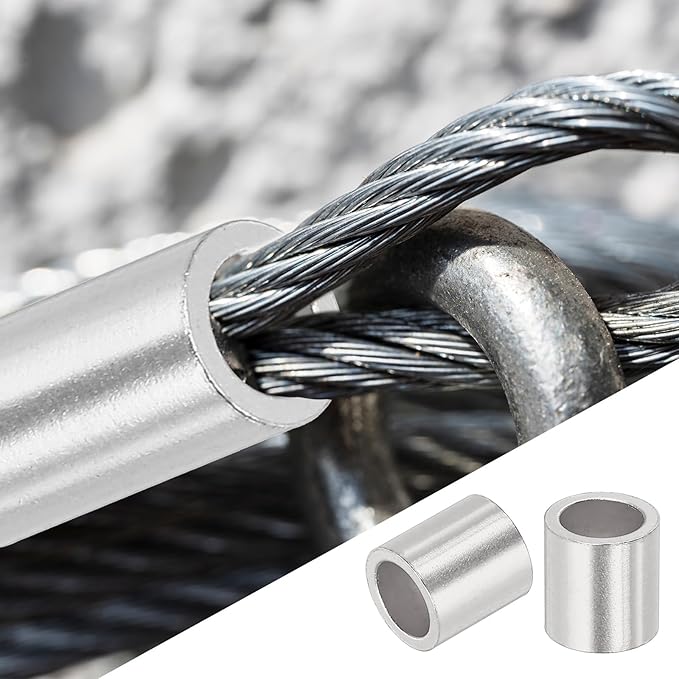 uxcell 3/16"(5mm) Aluminum Crimping Loop Sleeve, Wire Rope Stop Sleeve Round Crimp Ferrules for Wire Rope and Cable Ferrule, Silver 50Pcs
