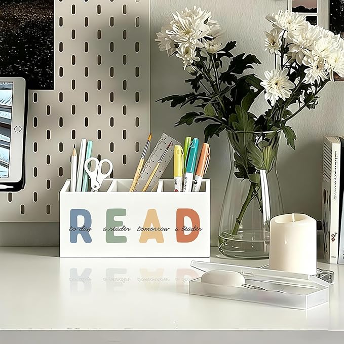 Book Lovers Gifts Pen Holder, Book Reader Gifts Pencil Holder for Desk, Boho Read Today a Reader Tomorrow a Leader Wooden Box Sign Decorations for Reading Room Classroom Desk Tabletop