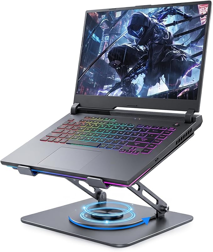 Leeboom Adjustable Laptop Stand for Desk, Ergonomic Height Adjustable Riser, Lecterns & Podiums, 360 Rotating & Foldable, Ventilated Cooling, Fits up to 17.3" Laptops (Gaming Laptops), Dark Silver