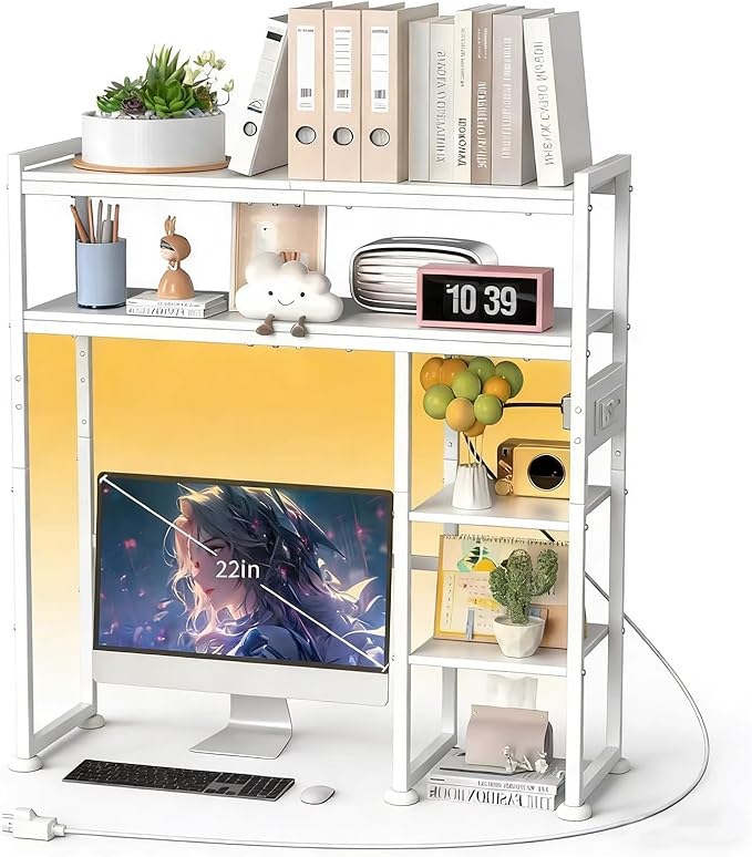 Aetheris Desktop Organizer Shelf, 30" Wooden Office Storage Rack with Outlets, Display Shelf Rack with Light Strip, 5 Tier Desktop Display Rac, Desk Shelf, Desk Hutch for Computer Monitor (White)