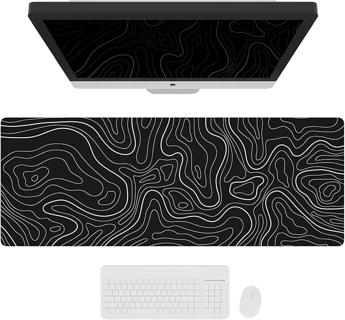 Ovenbird Large Gaming Mouse Pad with Stitched Edges, Topographic Map Topo Mousepad Gaming, Extended XL Large Mousepad with Anti-Slip Base, Cool Mouse Pads for Desk, 31.5 x 11.8 in, Black
