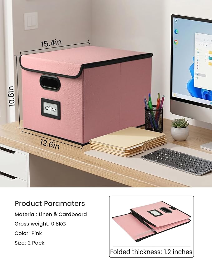 Qerlei File Organizer Boxes with Lids,Collapsible File Folder Organizer with Plastic Slide,Collapsible Filing & Storage Boxes for Office/Decor/Home (Pink, 2 Pack)